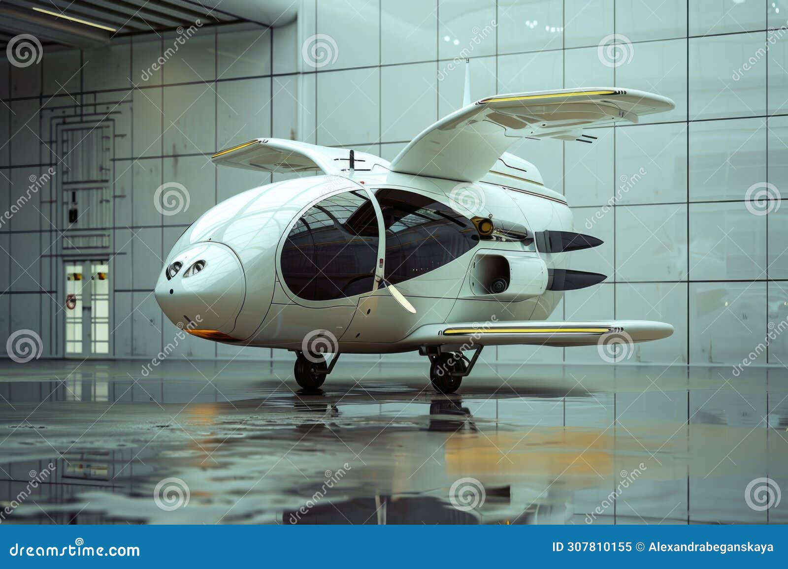 sleek white autonomous flying vehicle in hangar