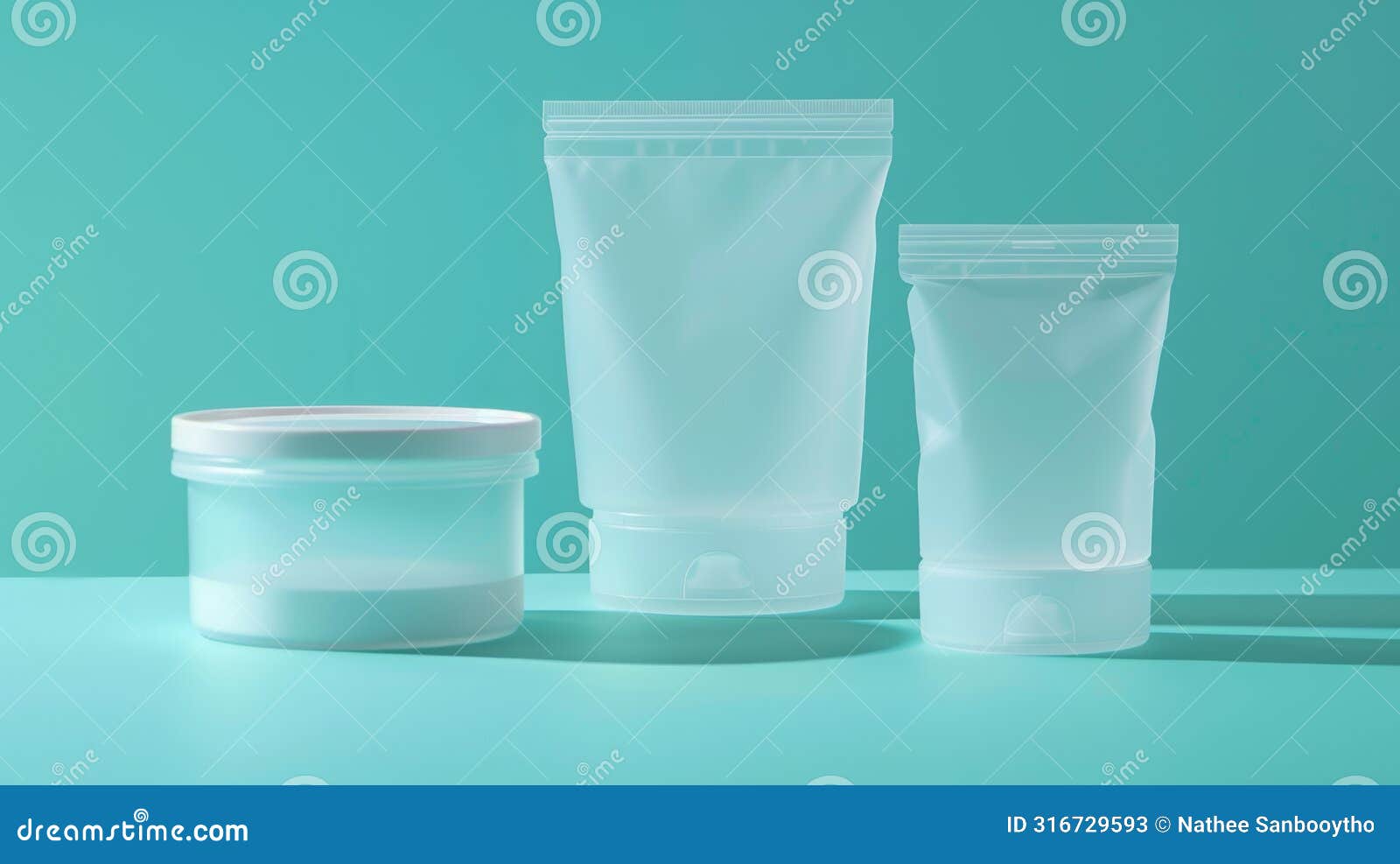 sleek white cosmetic tubes and jars on teal background