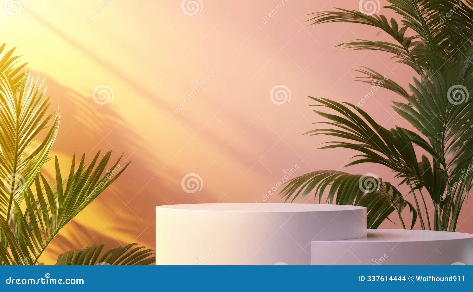 a sleek white podium with vibrant palm leaves, set in front of a soft sunset-colored wall, blending