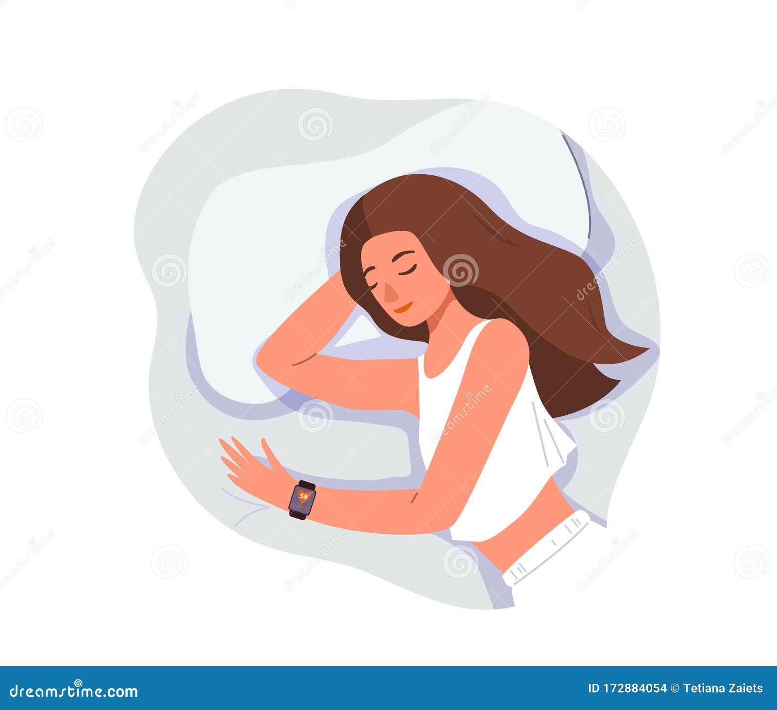 sleep control concept  background  on white. young woman sleeping at home on bed with smart watch on her