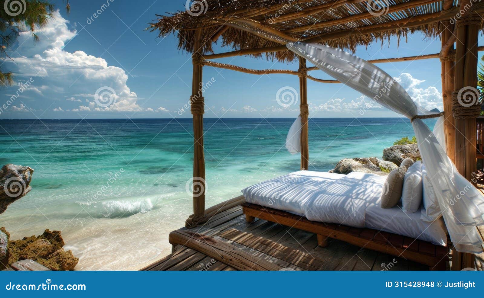 sleep soundly in a cozy seaside cabana surrounded by the rhythmic melodies of the ocean. 2d flat cartoon