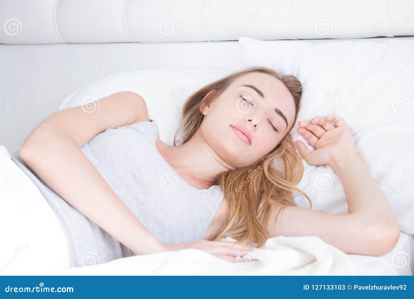 Sleep Young Woman Sleeping In Bed Portrait Of Beautiful Female Resting On Comfortable Bed With