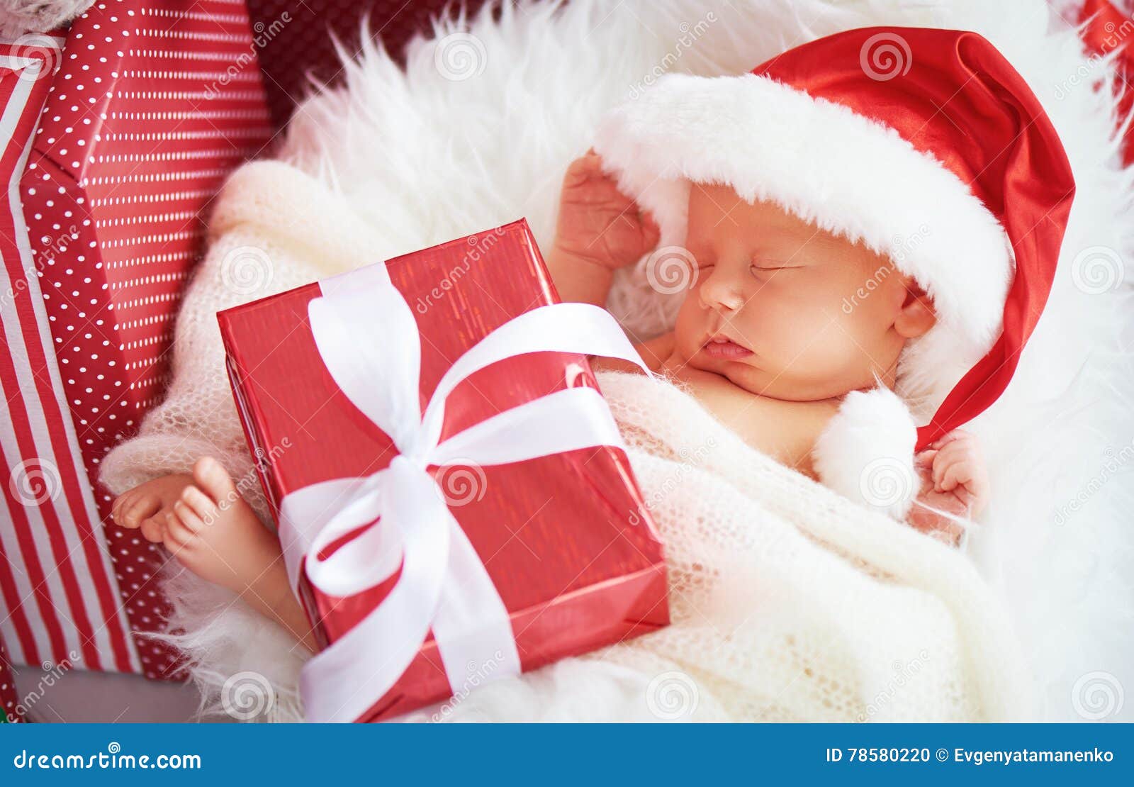 Sleeper Newborn Baby in Christmas Santa Cap Stock Photo Image of