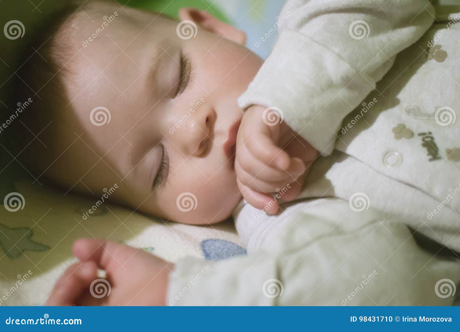 Sleeping baby in bed. stock photo. Image of caucasian 98431710