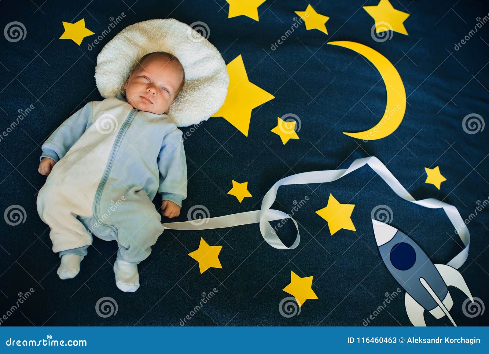 Sleeping Baby Boy Caucasian Appearance On Starry Space Background With
