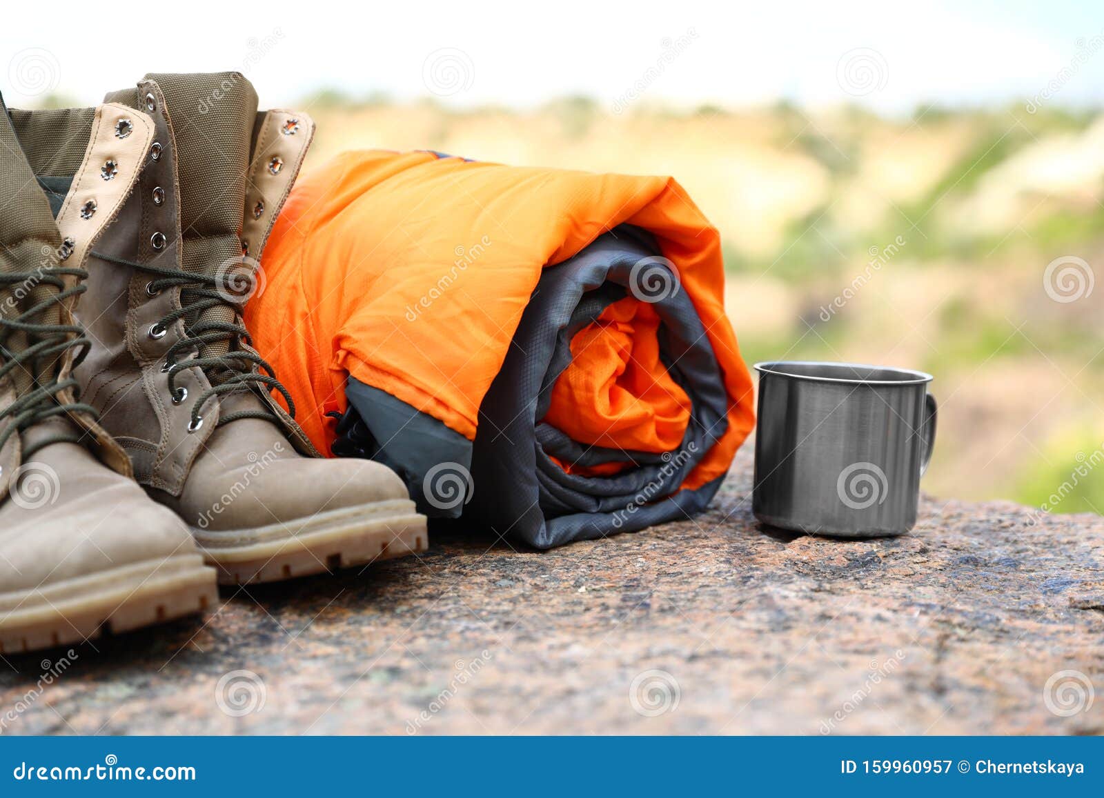 Sleeping Bag, Cup and Boots on Sunny Day Stock Image Image of bright