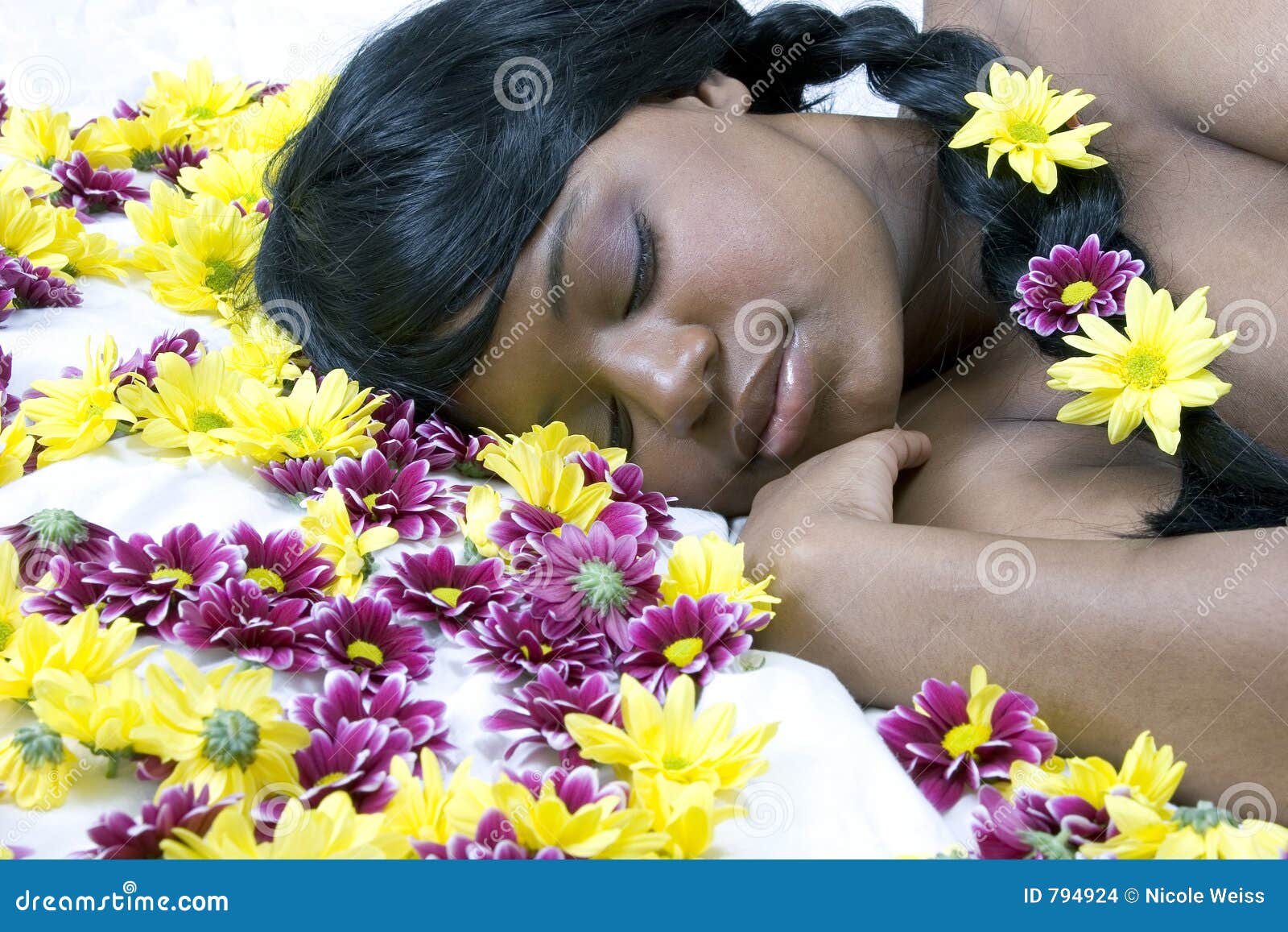 Sleeping Beauty in a Bed of Flowers Stock Photo Image of black