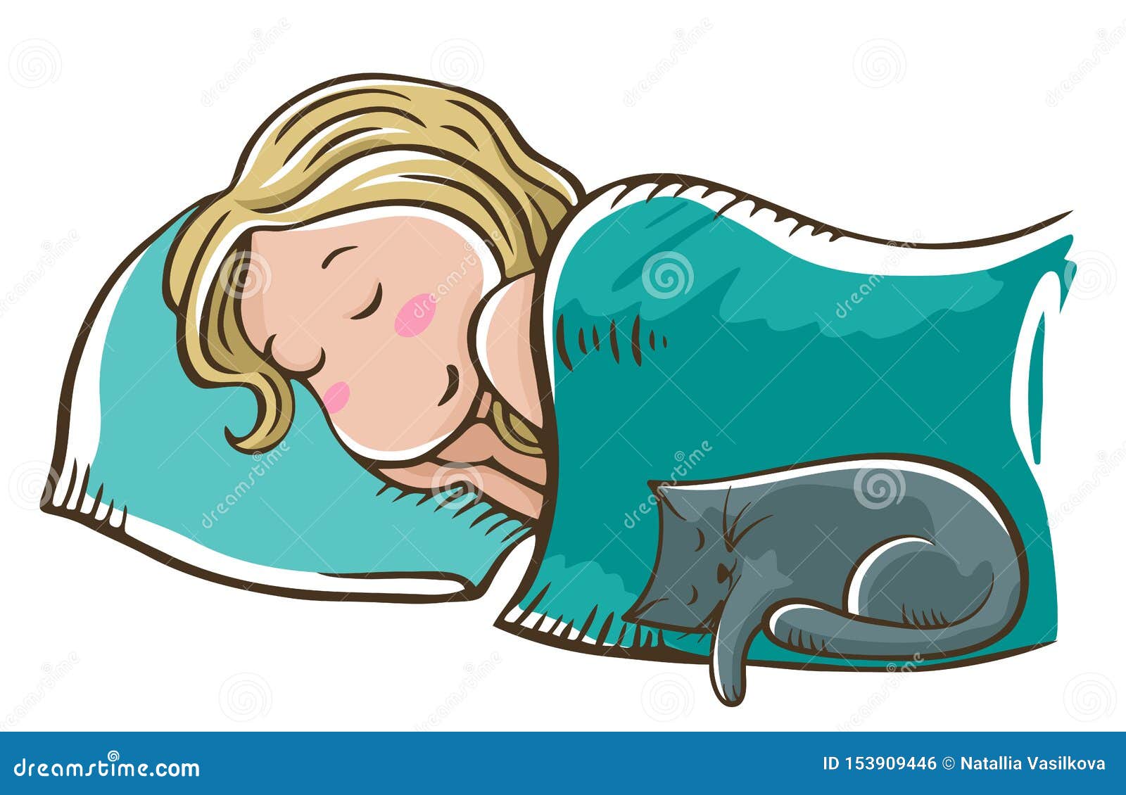 Sleeping Blonde Girl on a Pillow with Cat. Good Night, Sweet Dreams. Stock  Vector - Illustration of dreams, morning: 153909446