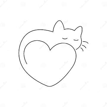 Sleeping Cat Tail in the Shape of a Heart, Drawn in One Line ...