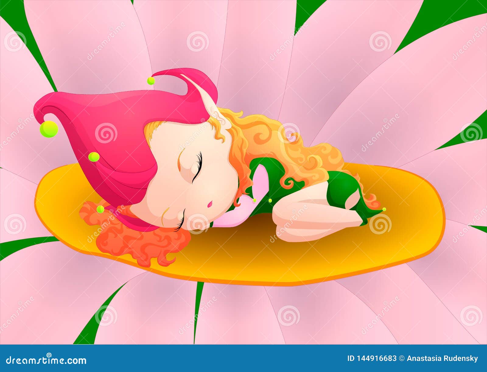 Sleeping elf stock vector. Illustration of girl, flowers 144916683
