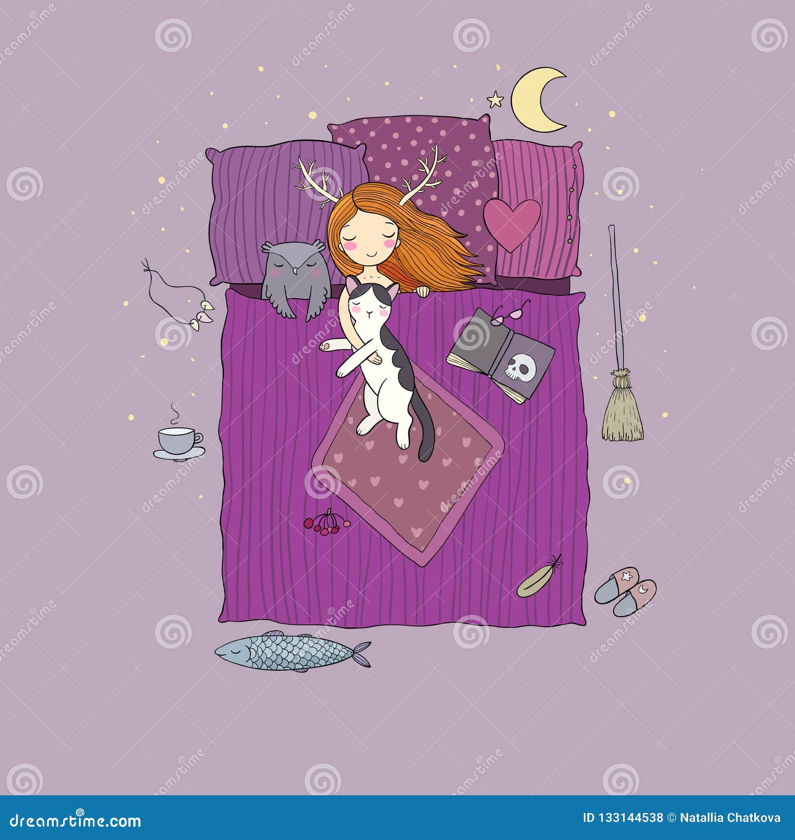Sleeping Girl And Cat Good Night Sweet Dreams Stock Vector Illustration Of Broom Dream