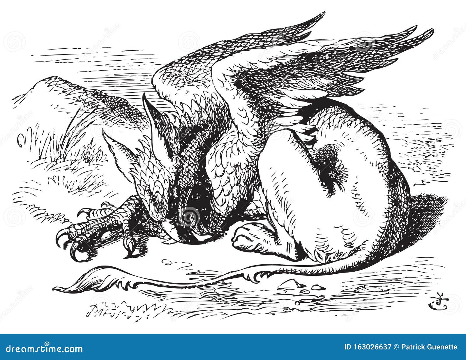 the sleeping gryphon - alice in wonderland original vintage engraving
