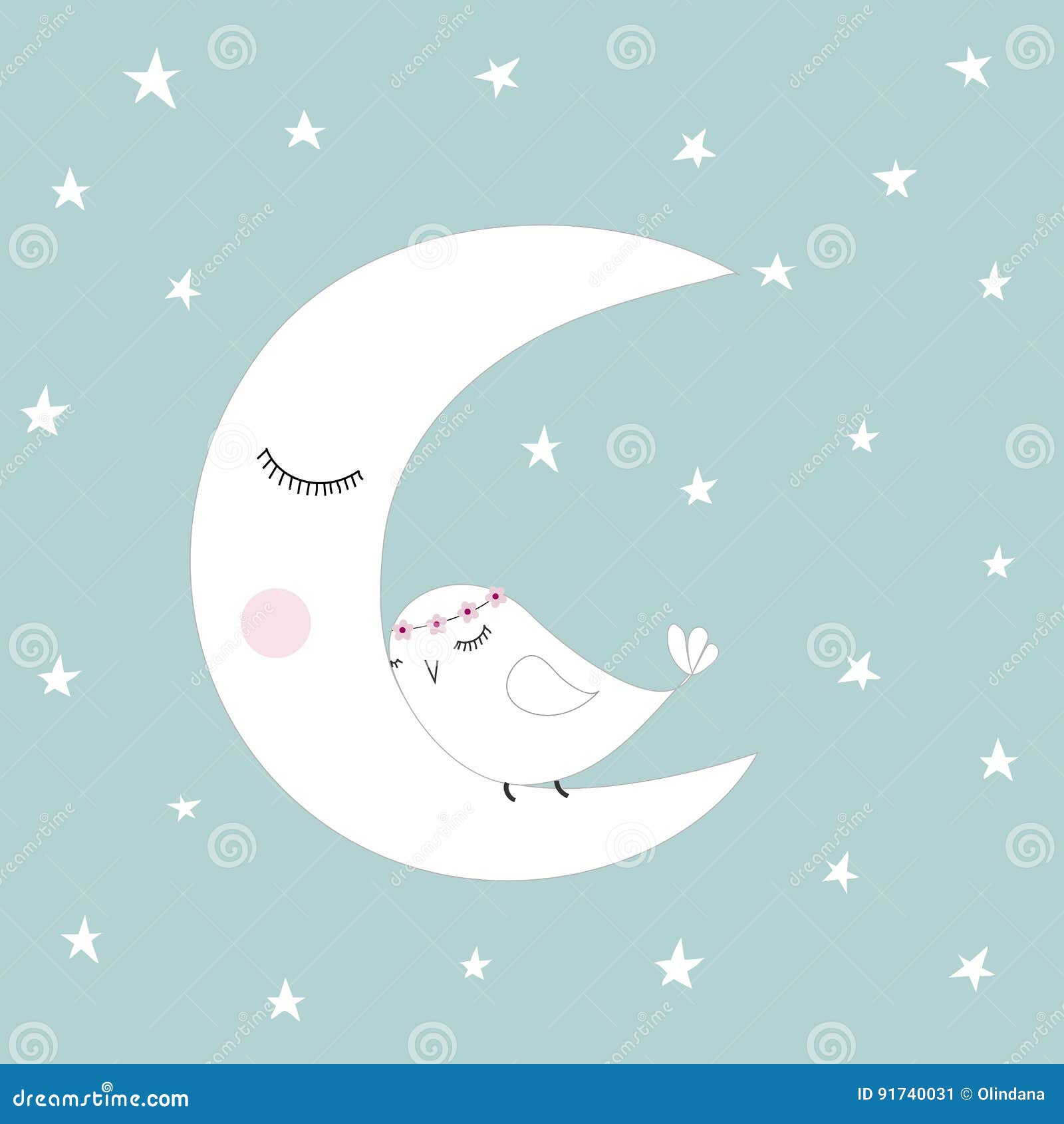 Sleeping half moon white cute bird blue night sky stars kids illustration room decoration, light pastel colors, greeting card template, baby shower