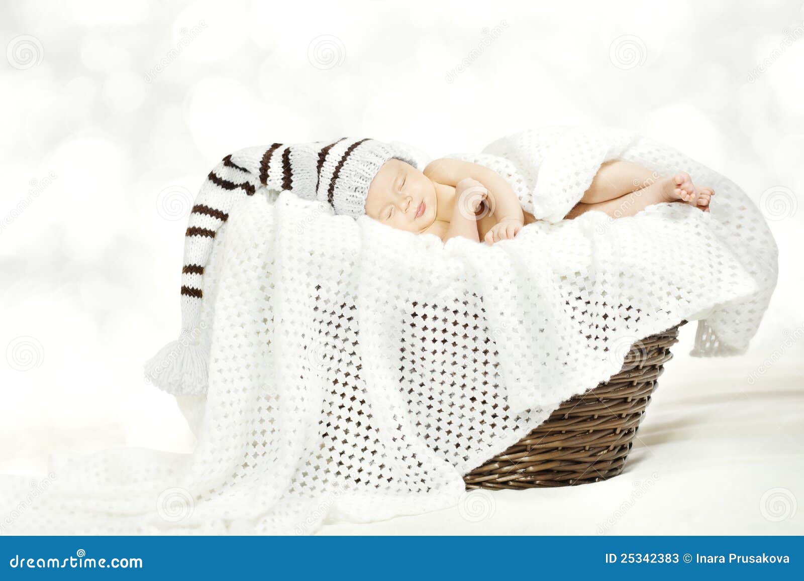 Sleeping Newborn Baby in Hat Lying in Basket Stock Image Image of