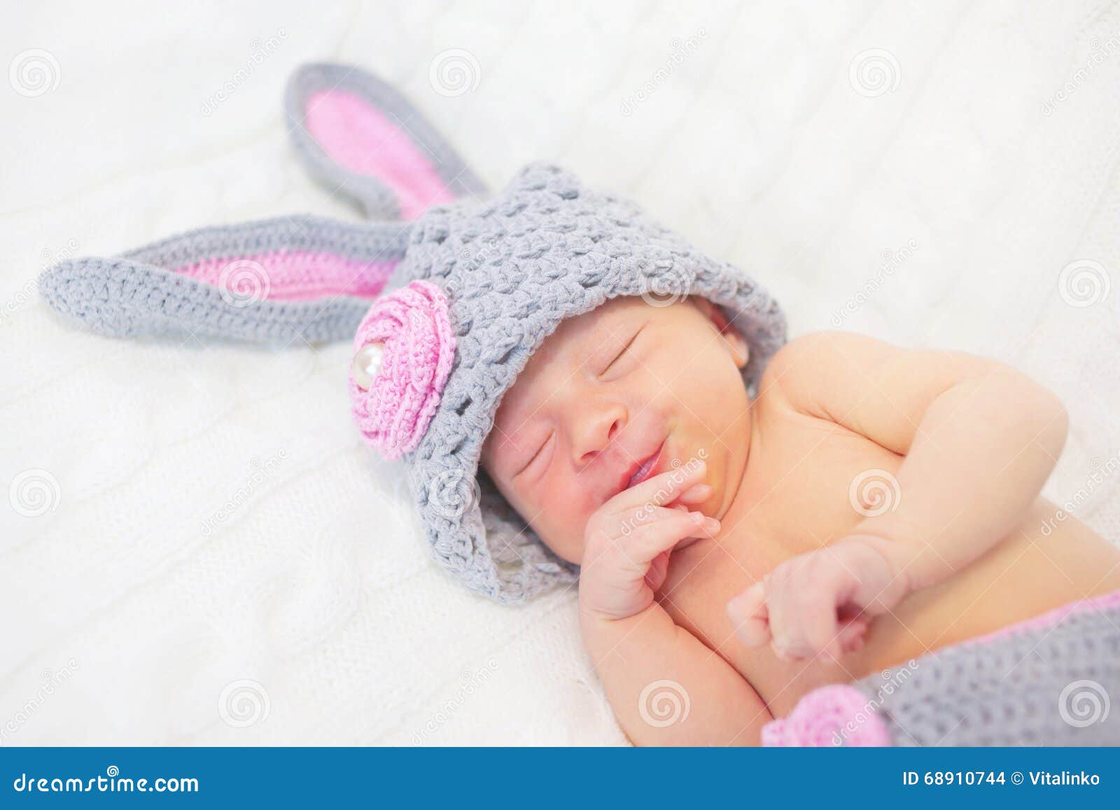 Sleeping Smiling Newborn Baby As Rabbit Stock Photo 