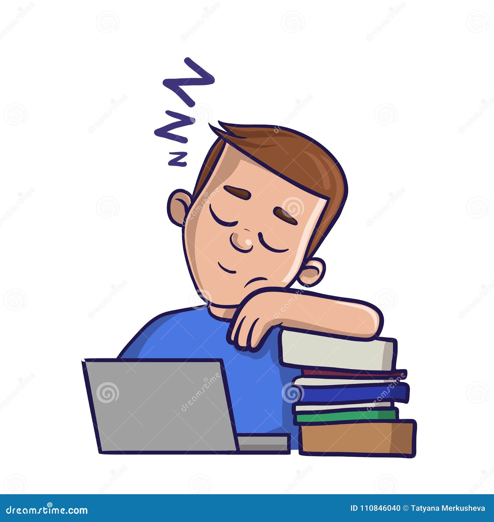 sleepy boy with closed eyes in front of books.  flat  on a white backgroud. cartoon  image.