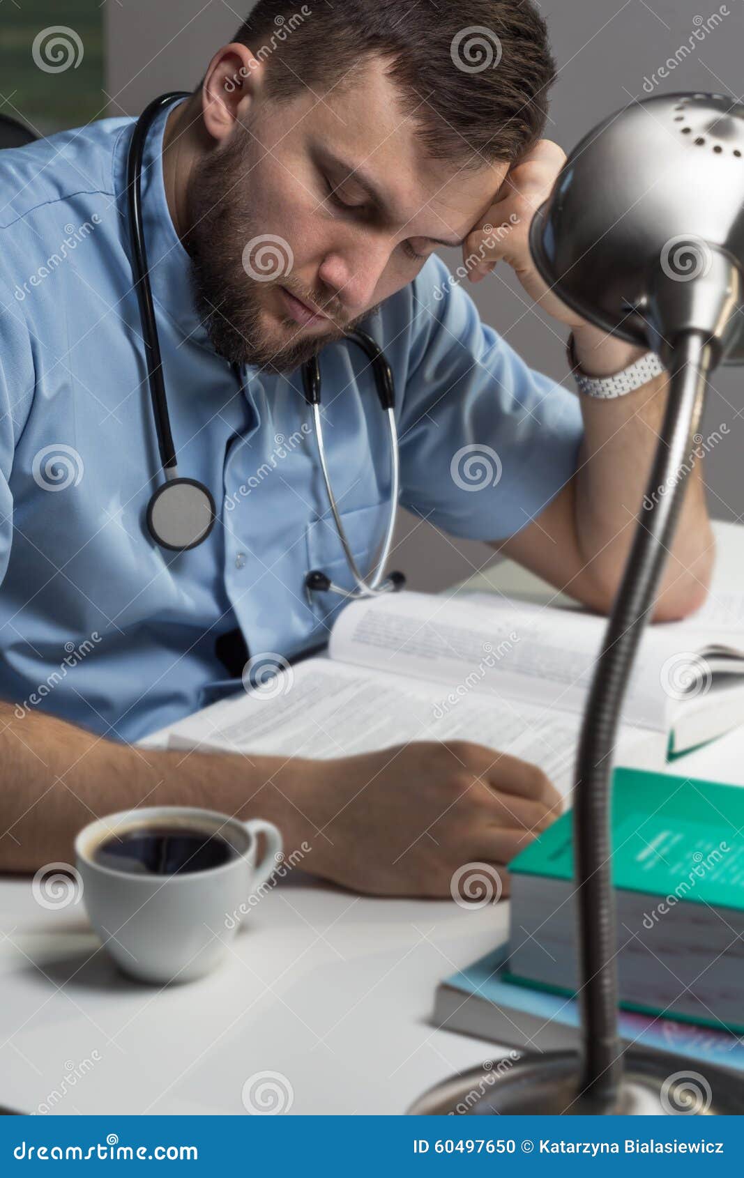 Sleepy doctor with coffee stock photo. Image of caucasian 60497650