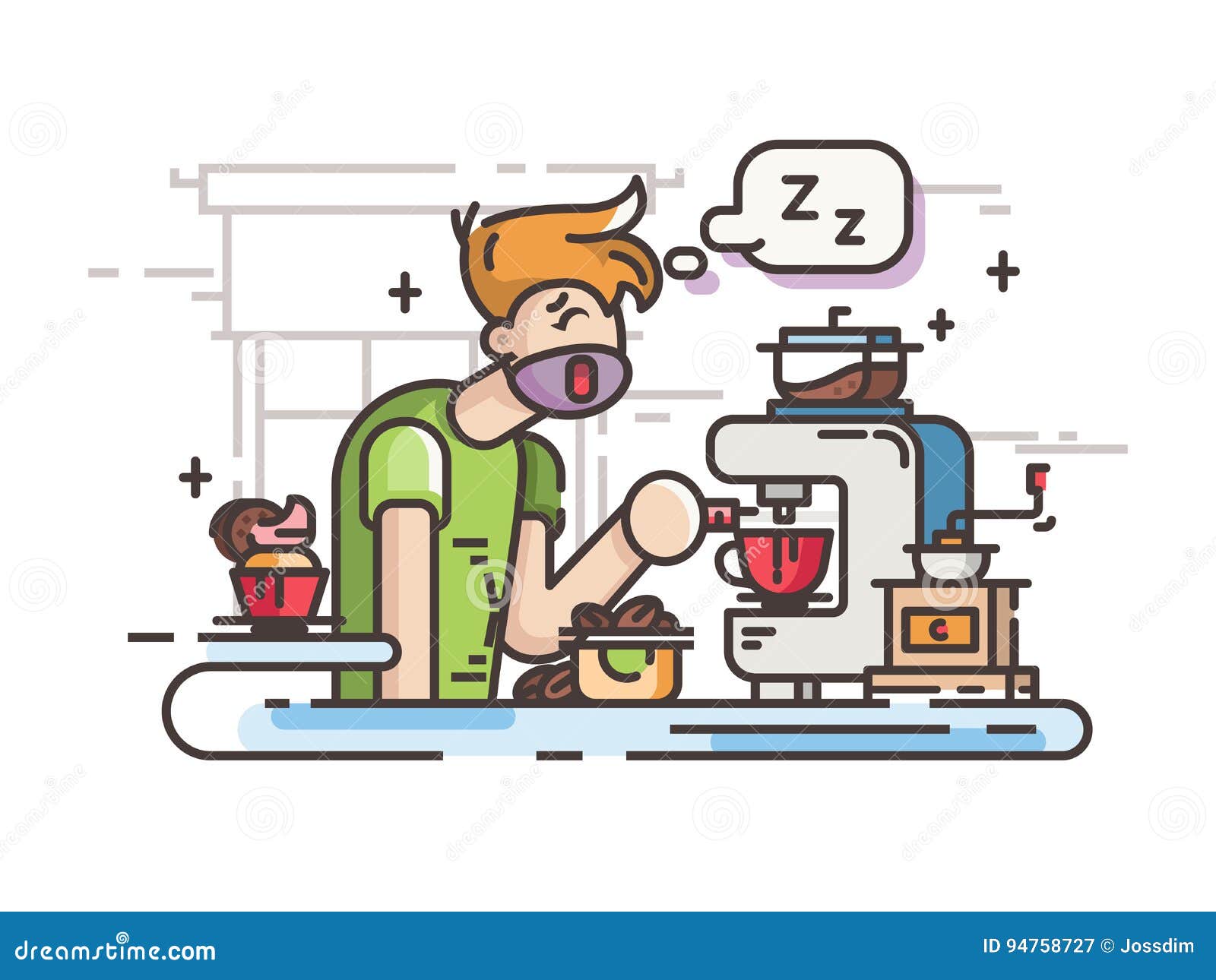 Sleepy guy making coffee stock vector. Illustration of design 94758727