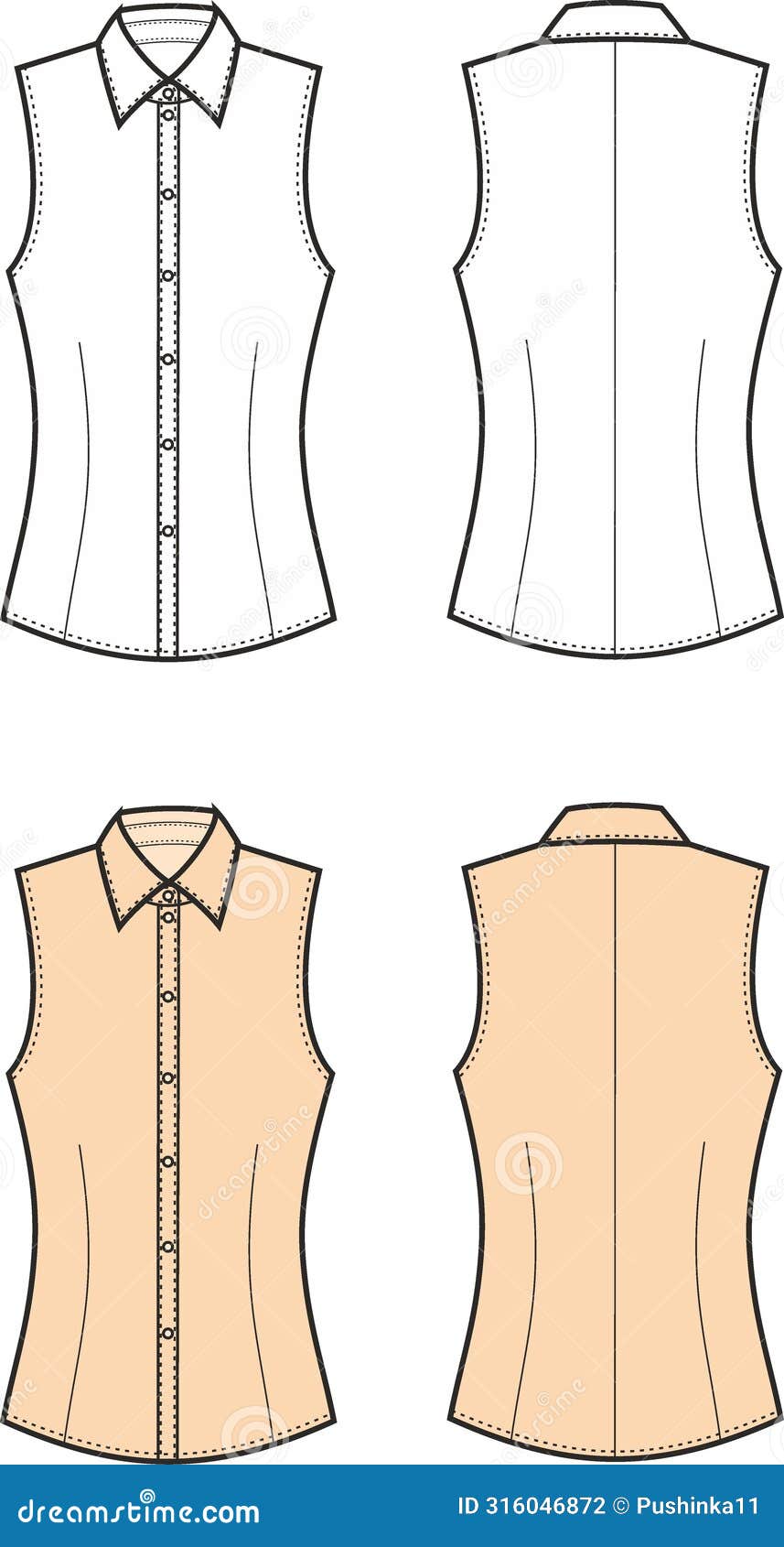 sleeveless shirt flat sketch. classic blouse apparel . front back.