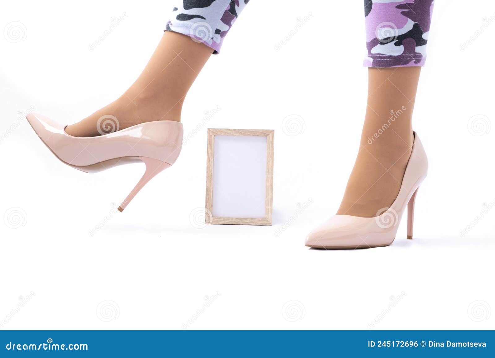 Slender Female Legs Elegant Patent Beige High Heels Leggings In Camouflage The Girl Is