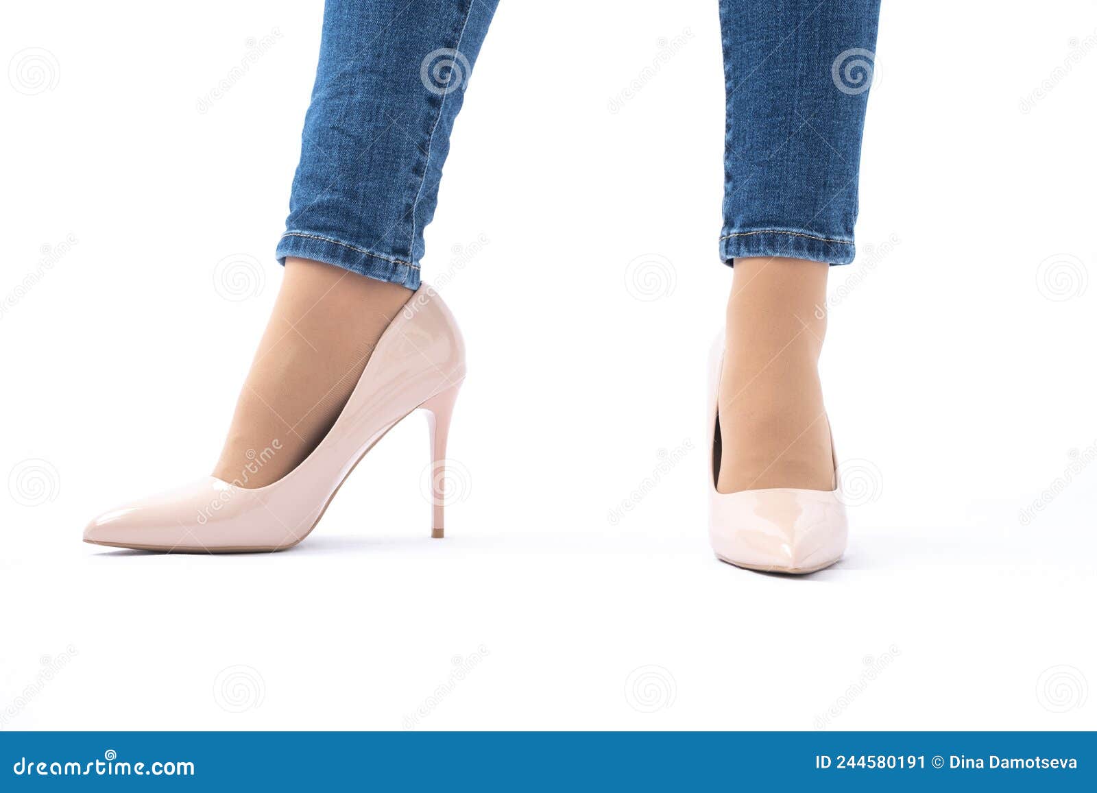 Slender Female Legs Elegant Patent Beige High Heels Skinny Jeans Stock Image Image Of Shoe