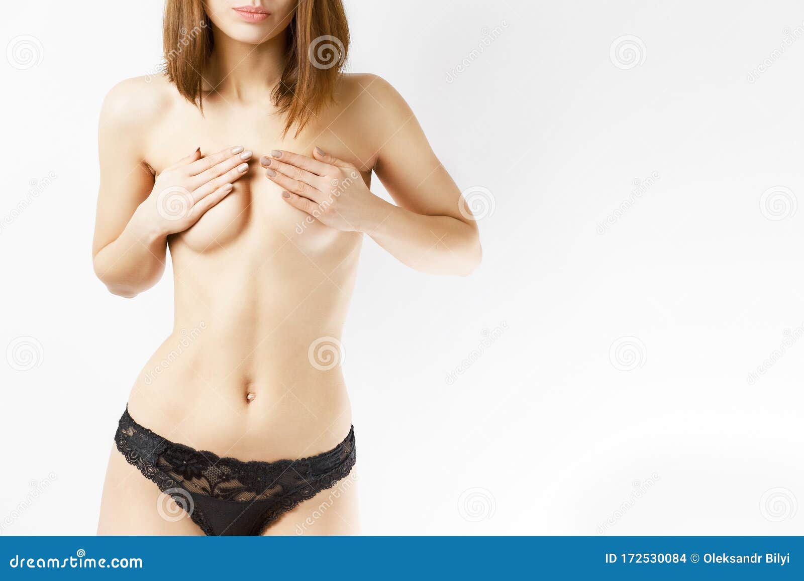 Girl Standing without Bra on White Background Stock Photo - Image