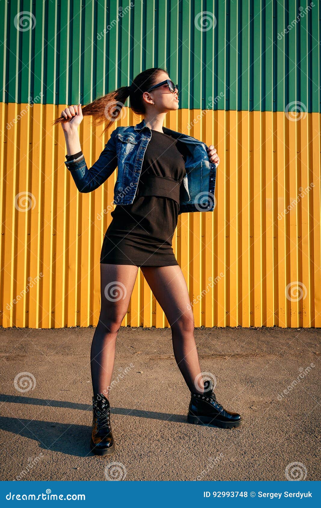 Slender Tall Stylish Young Girl in Denim Jacket, Skirt and Shoes Stock ...