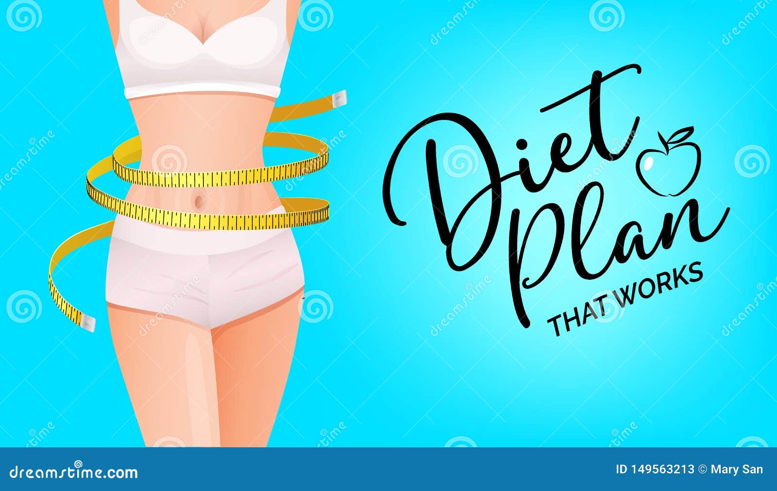 slender woman body with yellow measure tape at waist - diet plan banner