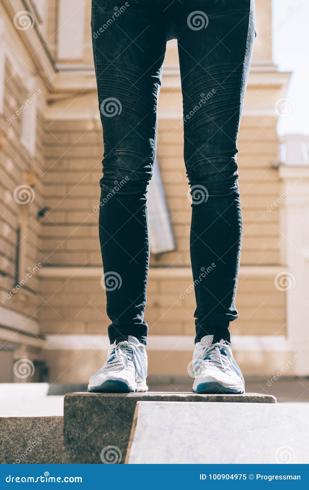 Slender Women S Legs in Jeans and Sneakers Stock Image - Image of dark ...