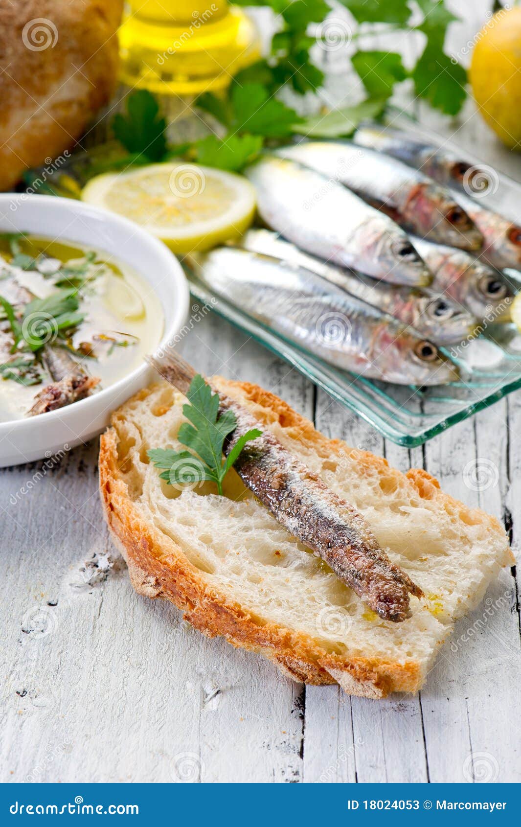 Slice bread with anchovy stock image. Image of food, group 18024053