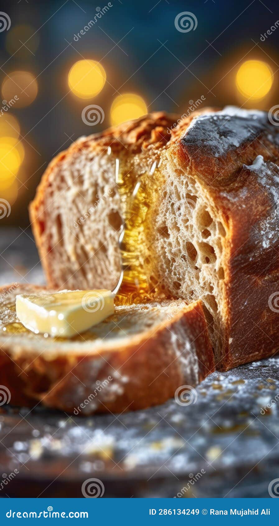 A Slice of Bread with Butter and Honey Dripping Down the Side Stock