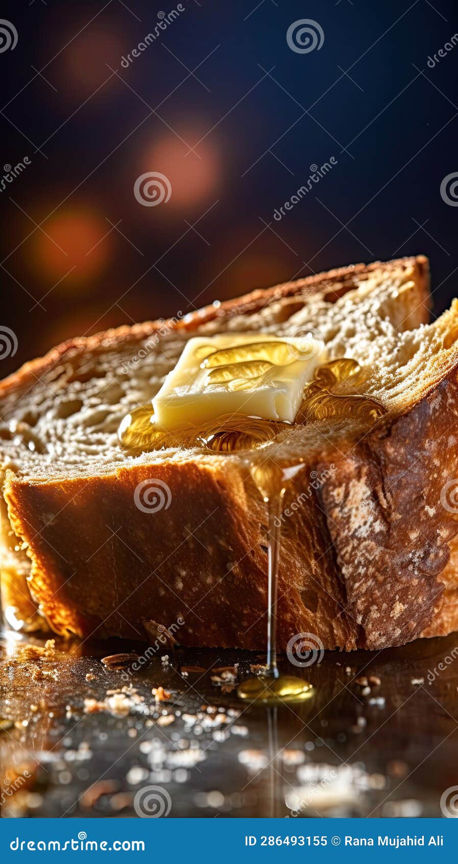 A Slice of Bread with Butter and Honey Dripping Down the Side Stock