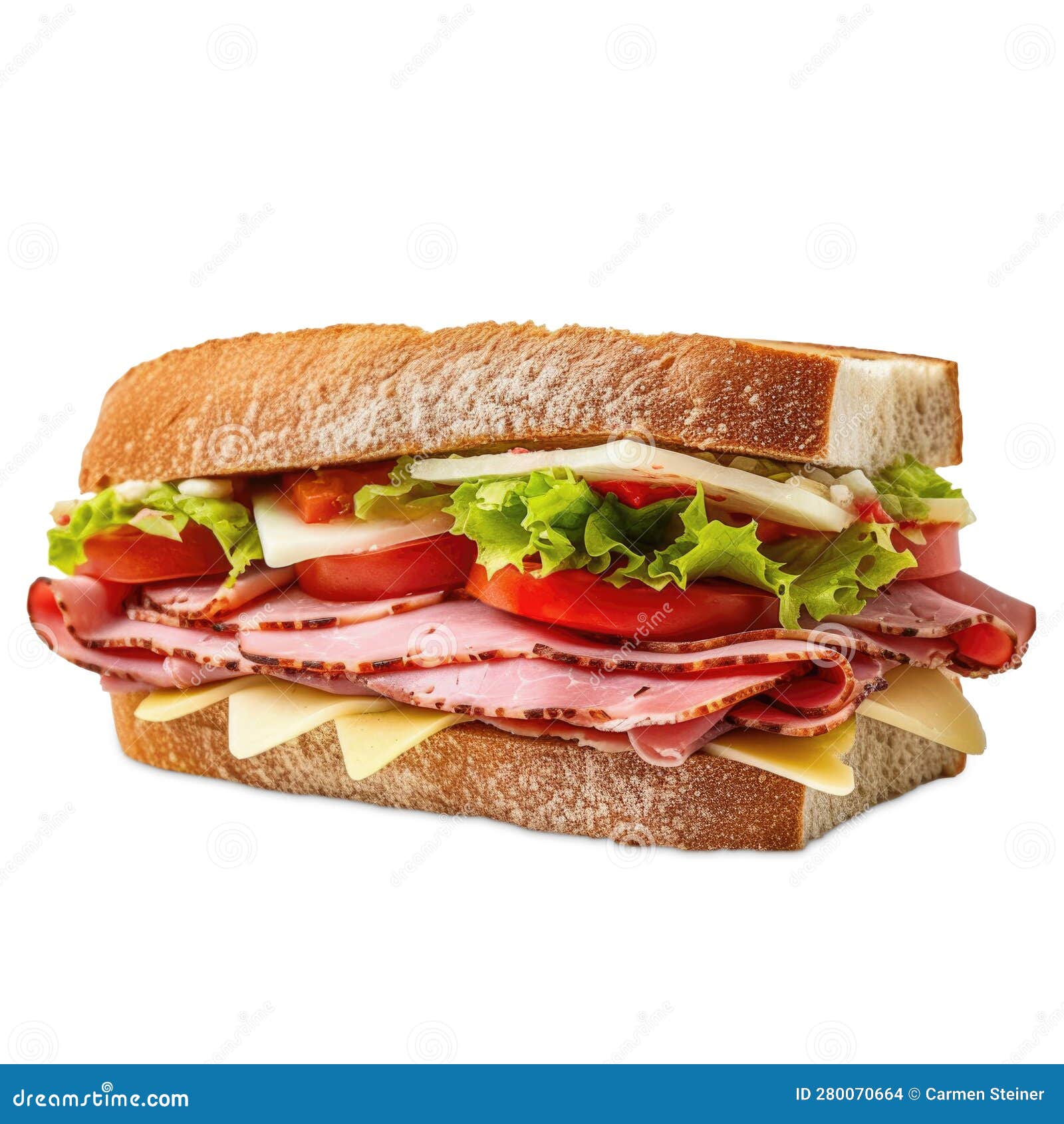 slice of bread topped with sausage, cheese, tomato slices and lettuce, . generative ai