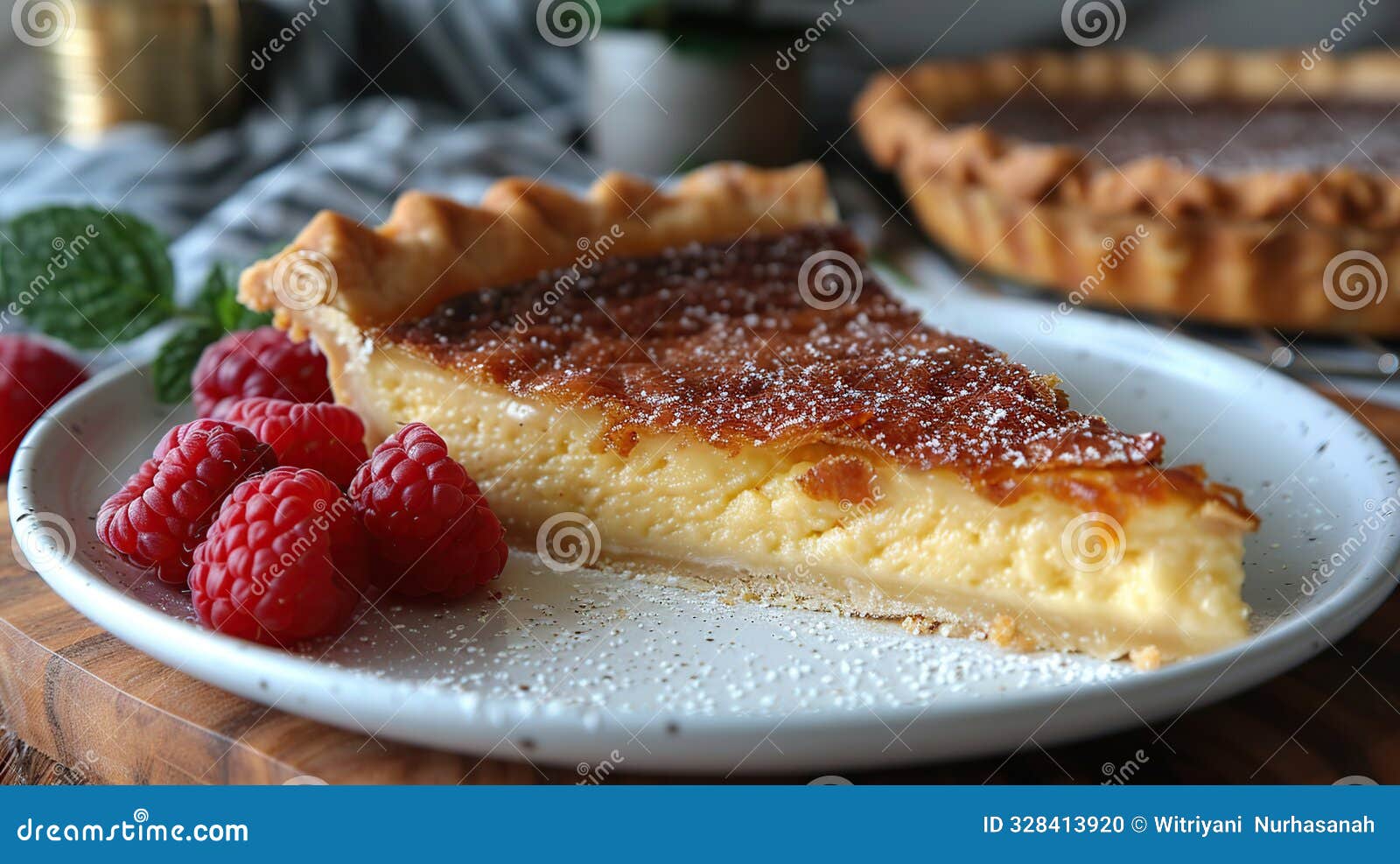 slice of buttermilk pie with raspberries
