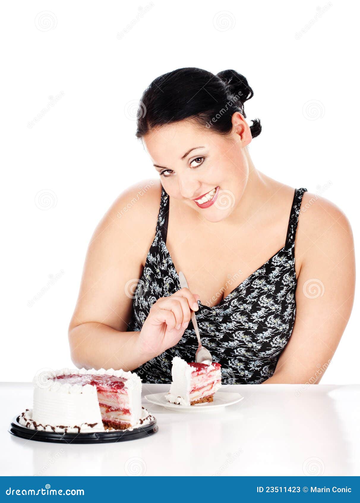 slice of cake and chubby woman