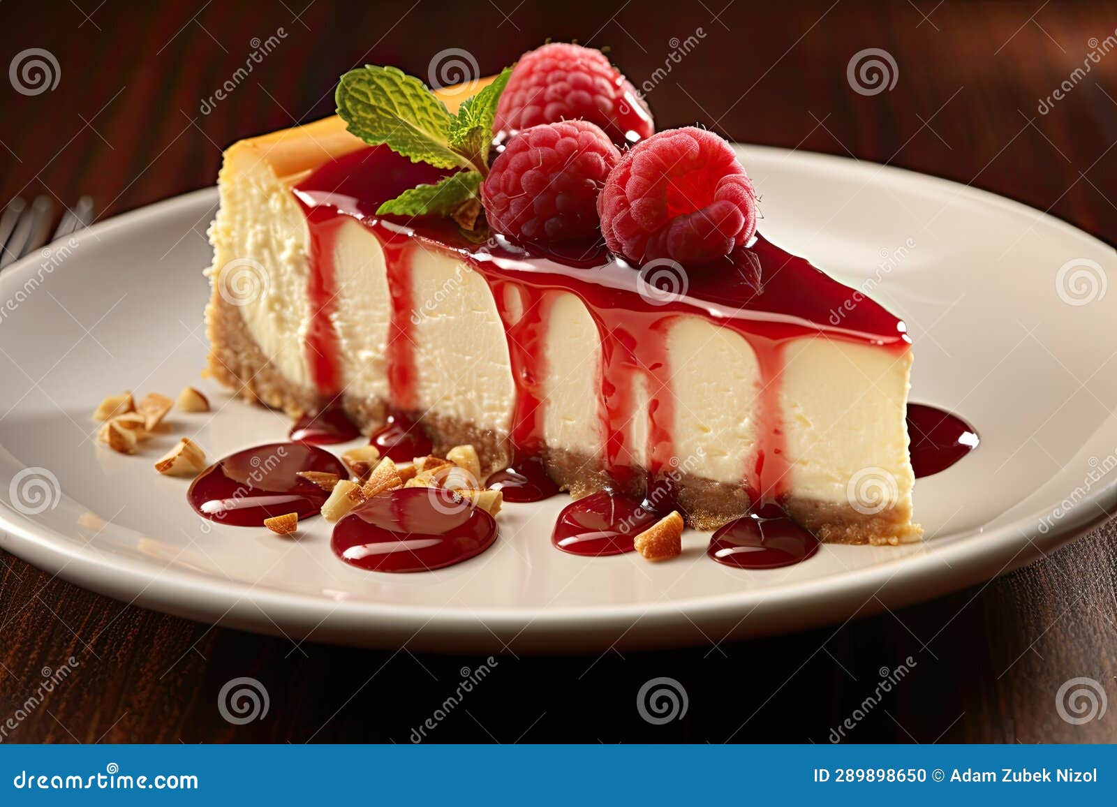 A Slice of Cheesecake with Raspberries and Mint on a Plate Stock