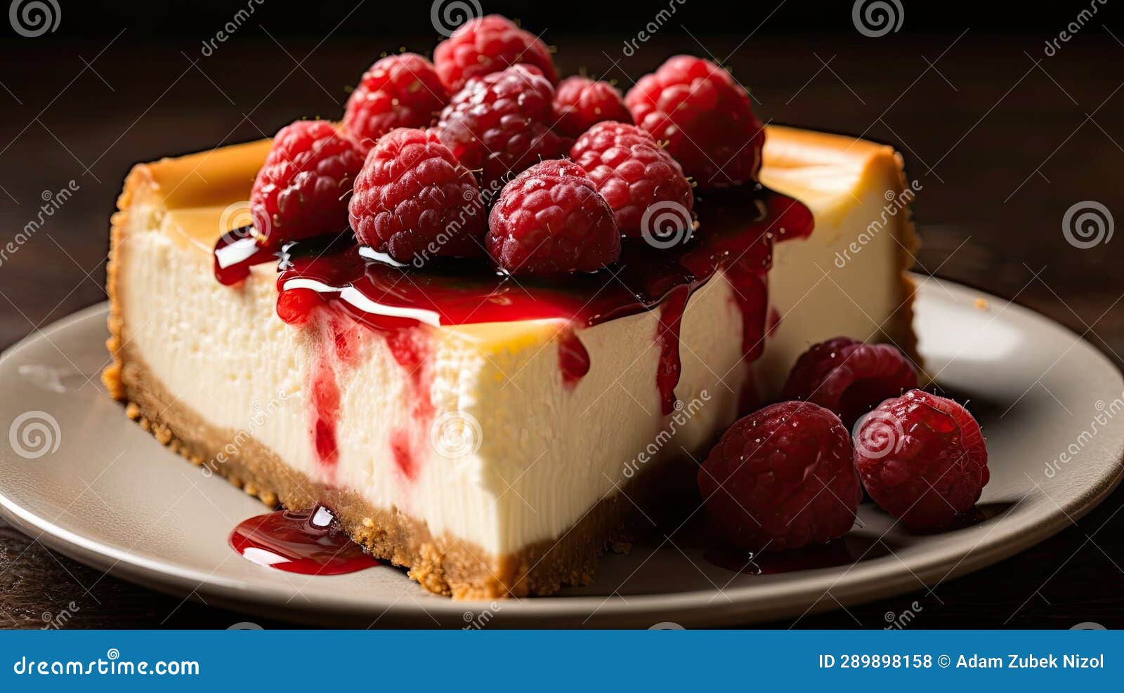 A Slice of Cheesecake with Raspberries and Syrup Stock Illustration