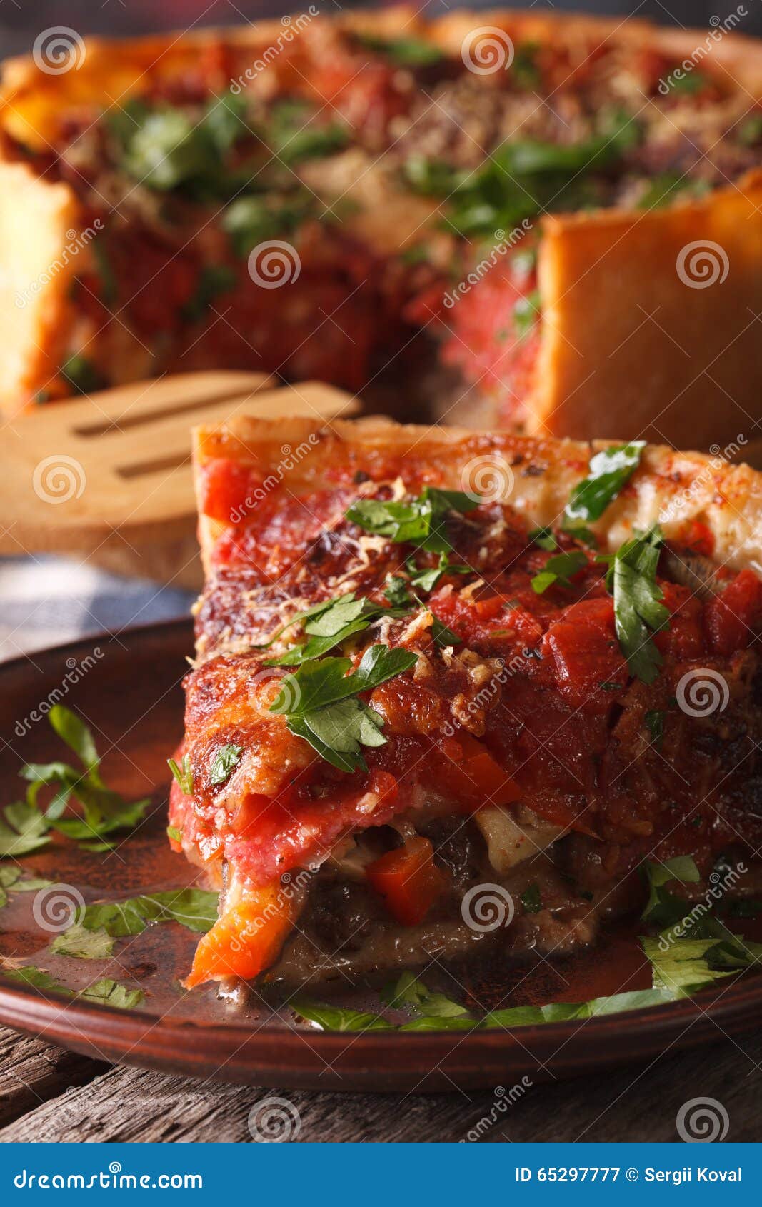 Slice of Chicago Deep Dish Pizza on a Plate Macro. Vertical Stock Image Image of fast, dish