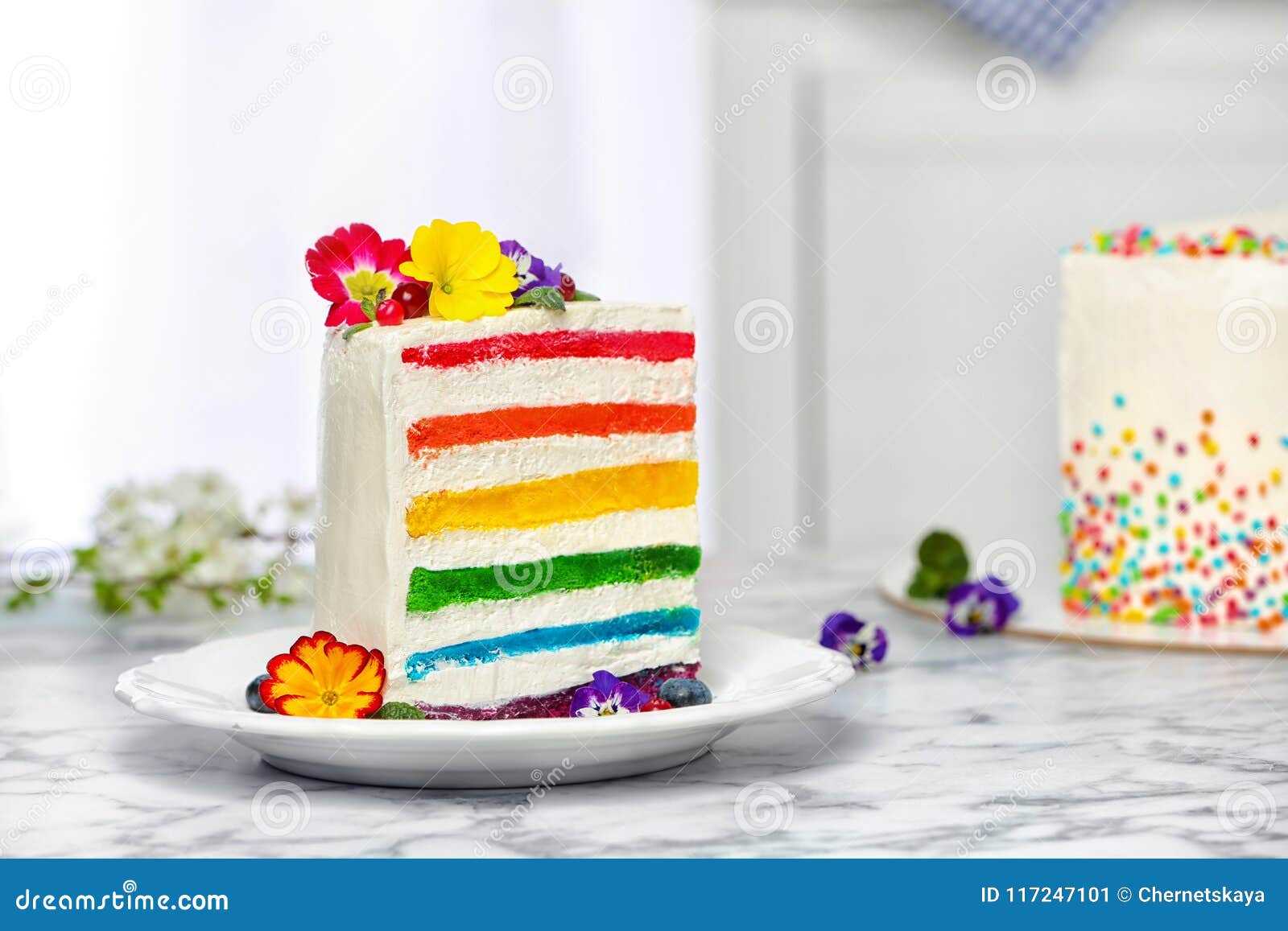 Slice of Delicious Rainbow Cake with Flowers Stock Image Image of