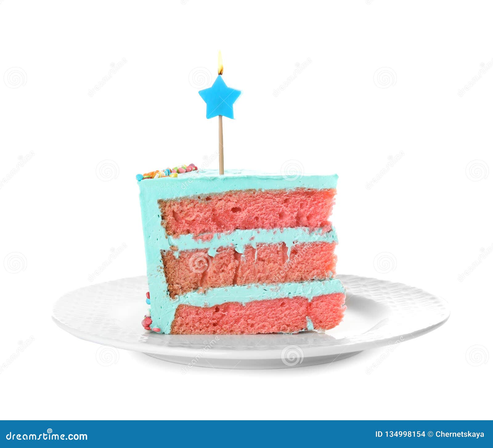 Slice Of Fresh Delicious Birthday Cake With Candle Stock Photo Image