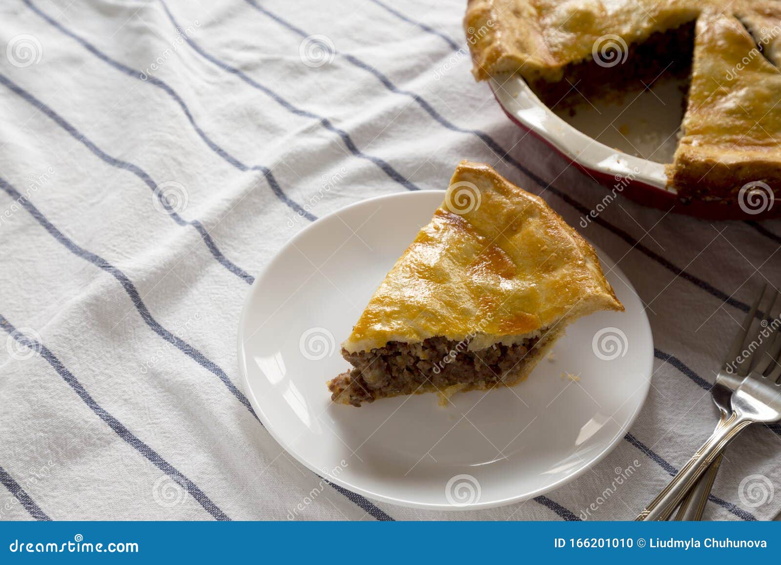 Slice of Homemade Canadian Tourtiere Meat Pie on a White Plate , Low ...