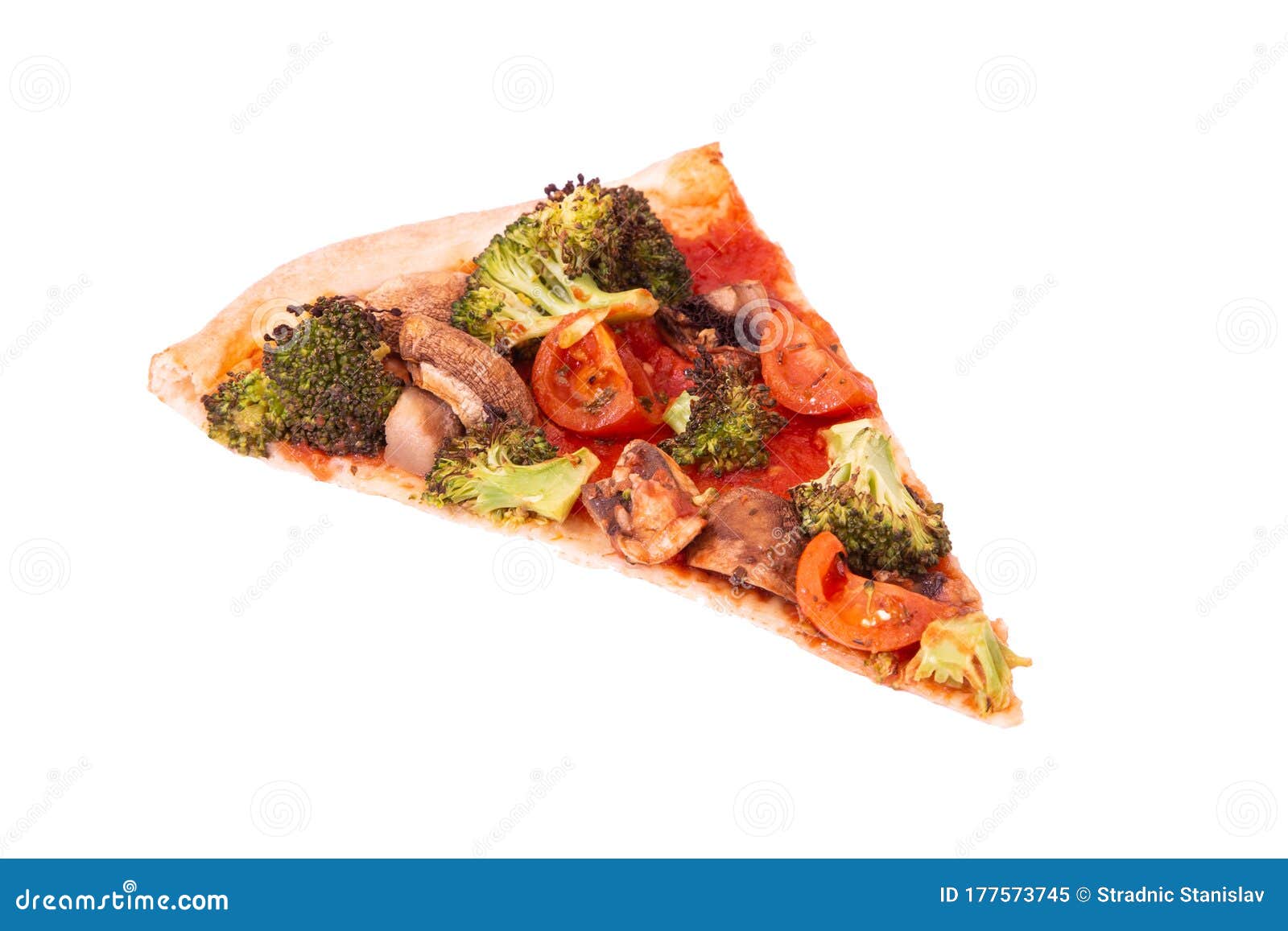 a slice of pizza with veggie vegetables, top view, isolate