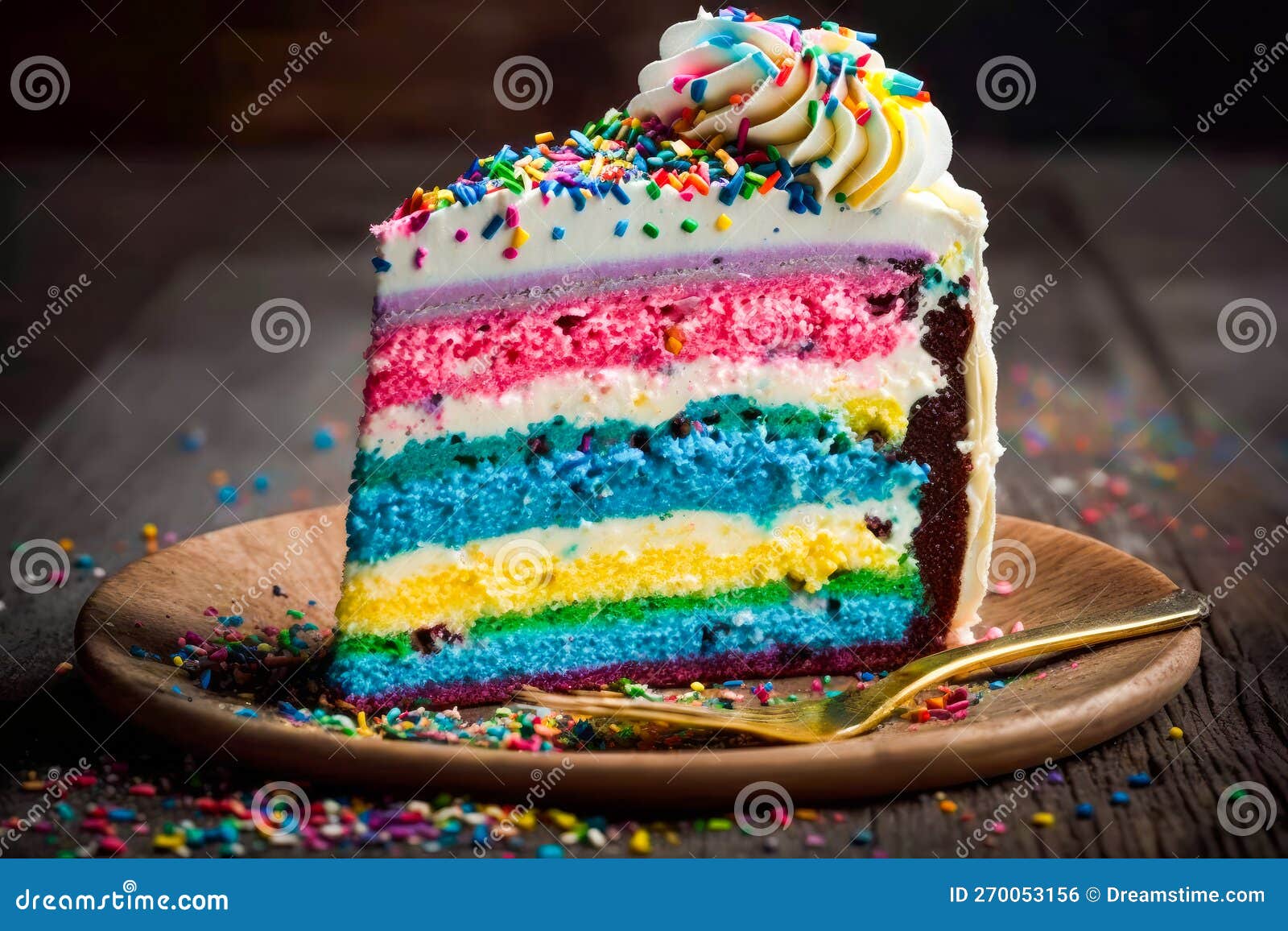 Slice of Rainbow Cake with Sprinkles on Top. Generative AI Stock Photo