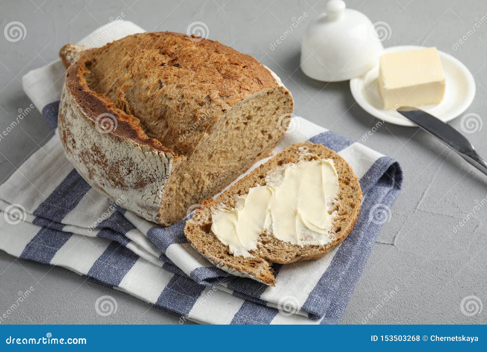 Slice of Tasty Bread with Butter Near Loaf Stock Photo Image of