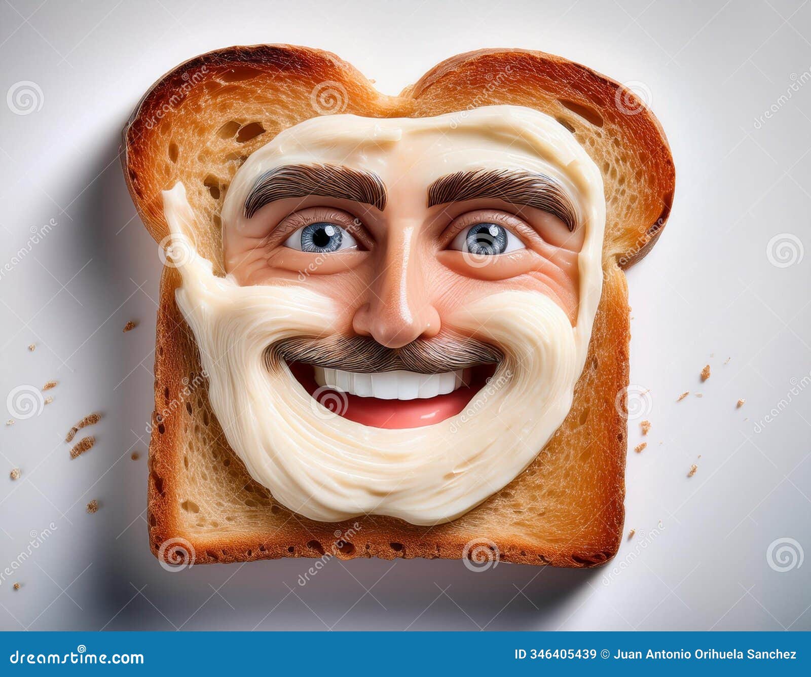 a slice of toast with butter, featuring the likeness of a man's face