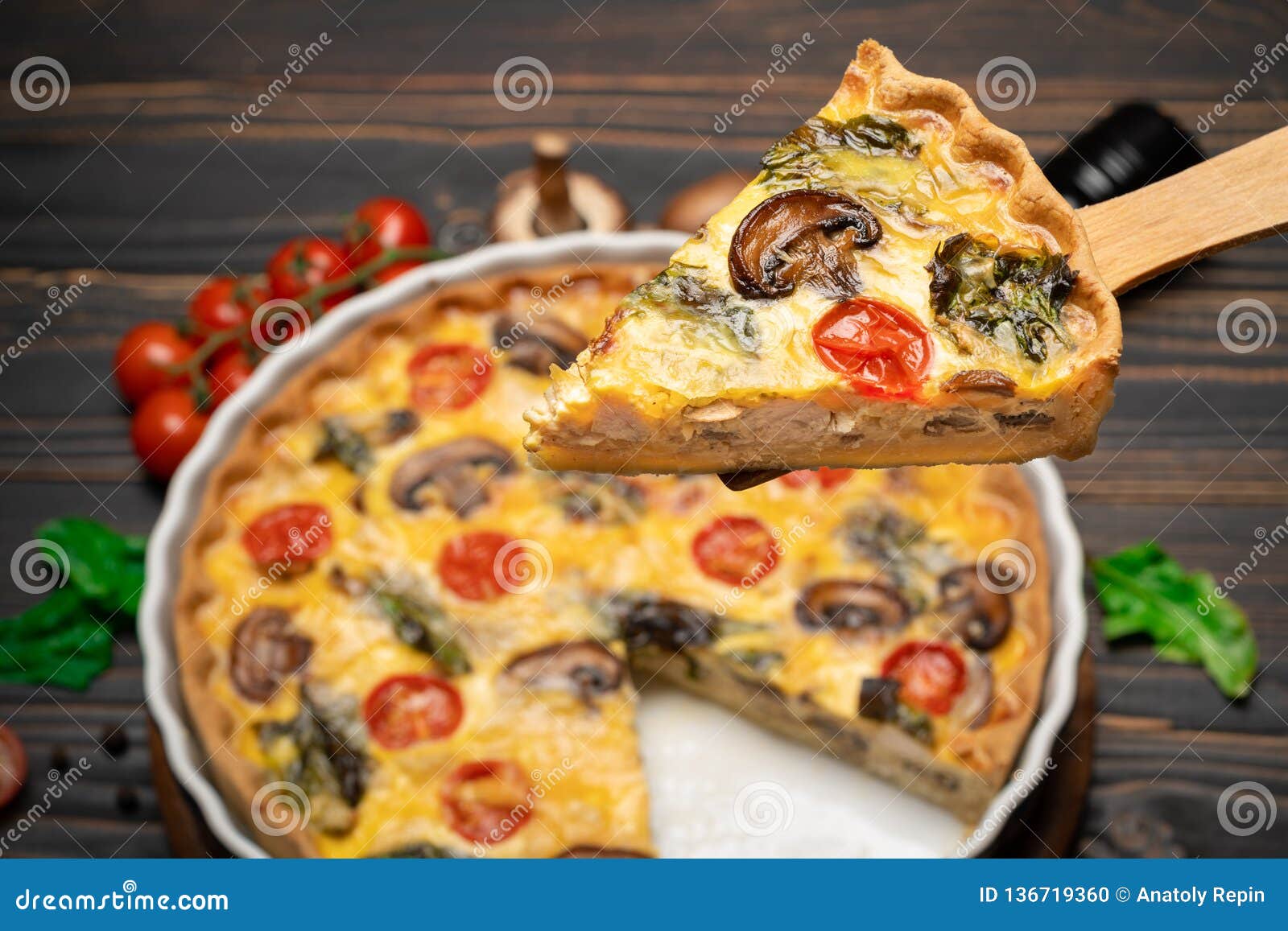 Slice of Traditonal Homemade Spinach Chicken Quiche Tart or Pie on ...