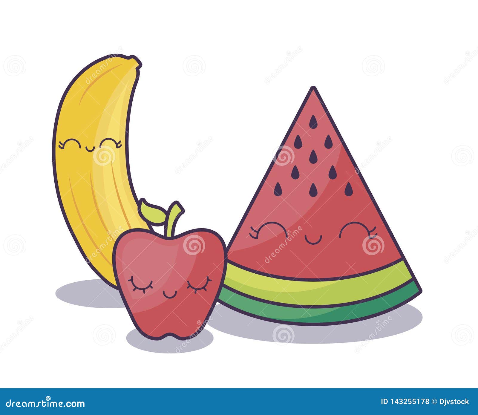 Slice of Watermelon with Banana and Apple Kawaii Character Stock