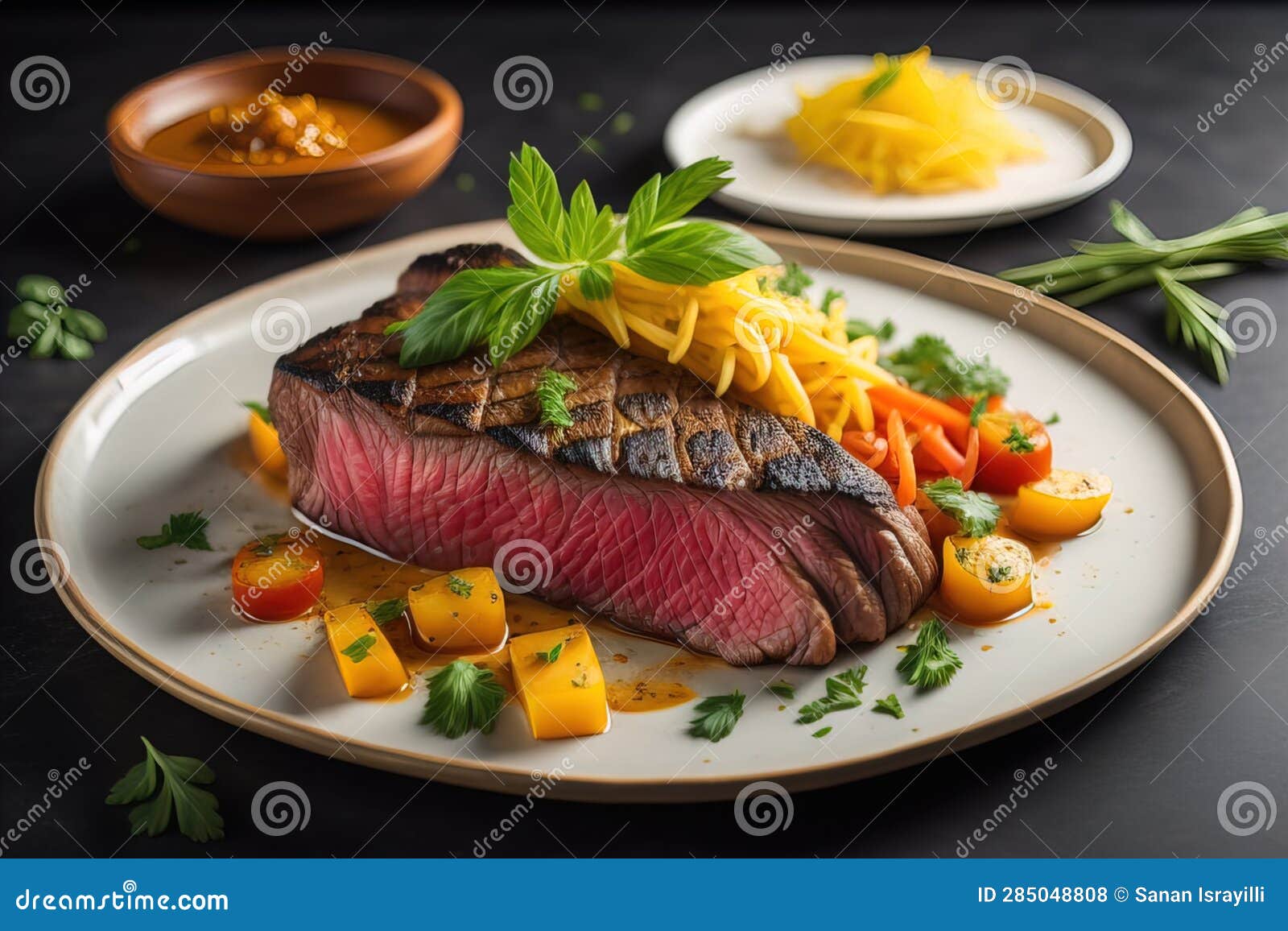 Sliced Beef Steak with Parsley on a Plate. Ai Generative Stock Photo