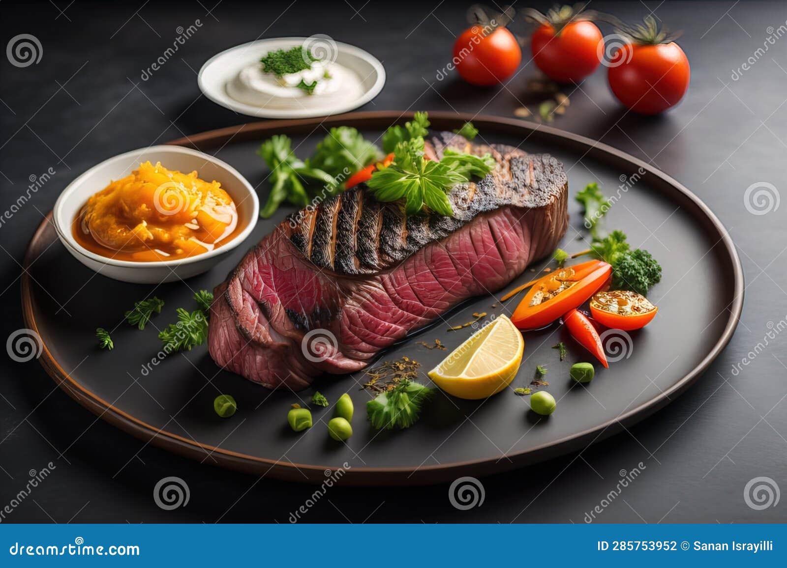 Sliced Beef Steak with Parsley on a Plate. Ai Generative Stock Photo