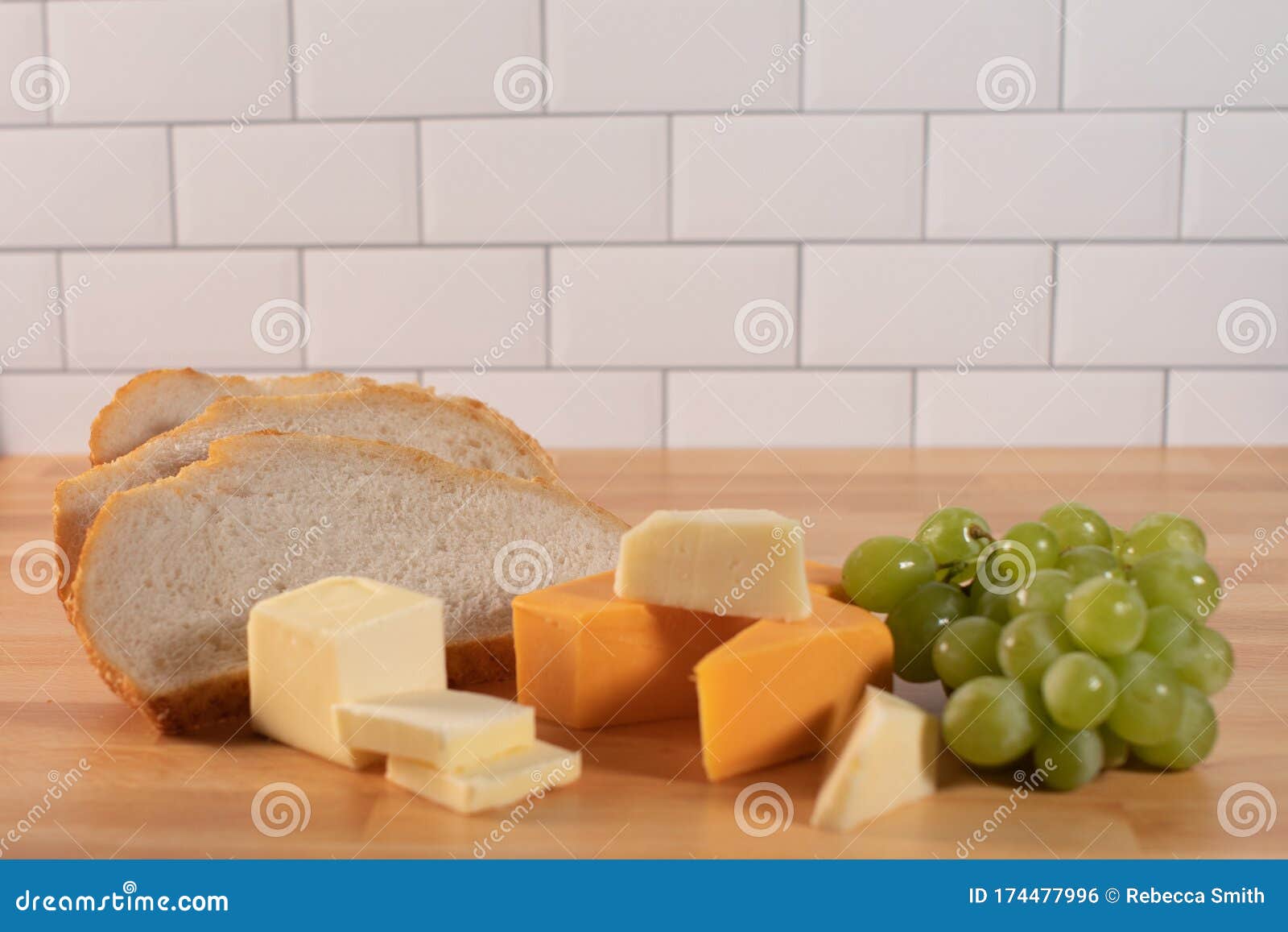 Sliced Bread Butter Cheese Blocks And Green Grapes Stock Photo Image Of Diet Ingredient
